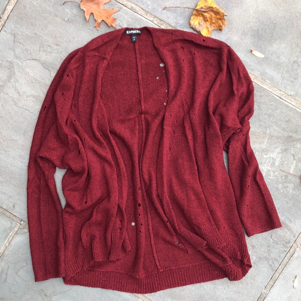 Distressed slouchy maroon cardigan